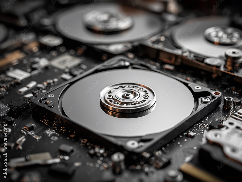 Poster close-up of internal components of a hard disk drive with reflective surfaces and electronics