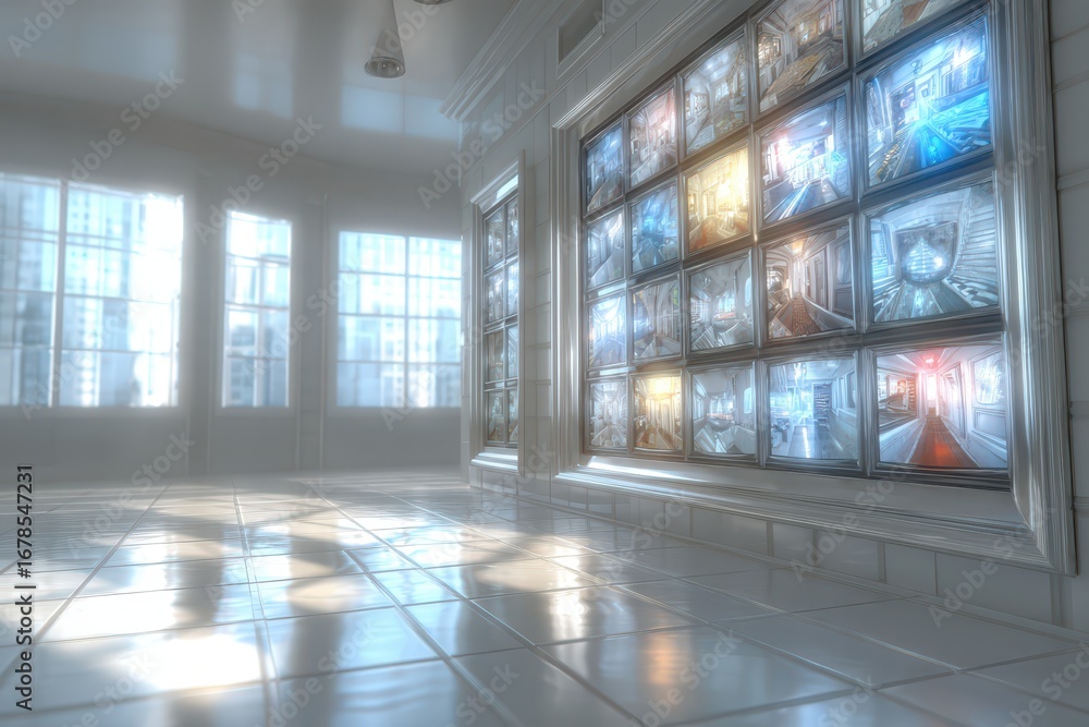 Poster a bright, expansive room with large windows, reflecting on shiny tiled floor, and a display of multi