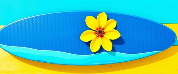 Whimsical navy blue surfboard sticker with a cheerful yellow flower, happy, leaf