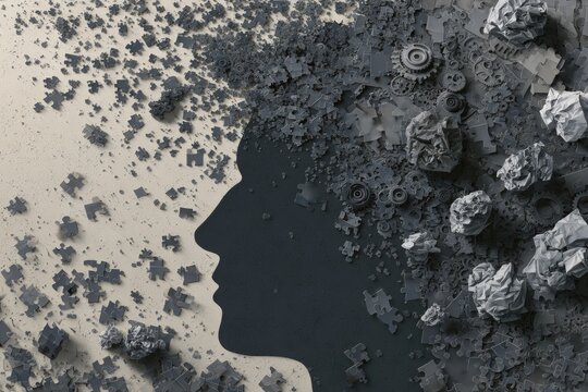 Silhouette head, fragmented, gears, puzzles