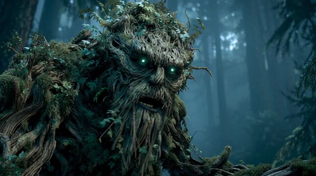 Cinematic shot of Leshy, the Slavic forest spirit, rising from the earth with glowing green eyes in a misty primeval forest.