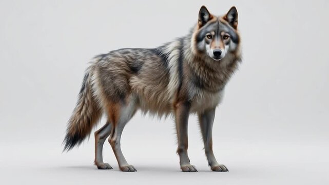 Gray wolf with thick fur and bushy tail standing alert, piercing eyes, full body, wild animal mammal canine predator in nature, realistic detail