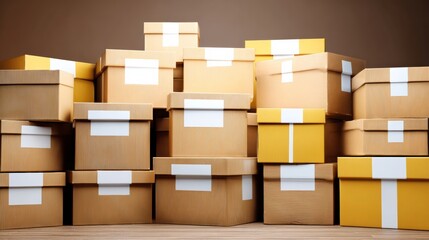 Stacked cardboard boxes in various sizes and colors, featuring white and yellow labels, arranged in a visually appealing manner, creating a sense of organization and storage efficiency