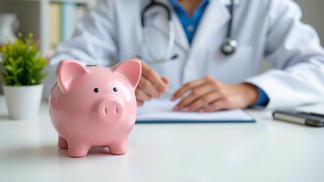 Doctor saving money piggy bank financial planning healthcare savings medical expenses budget management stethoscope office professional economy - Powered by Adobe
