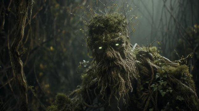 Cinematic shot of Leshy, the Slavic forest spirit, rising from the earth with glowing green eyes in a misty primeval forest.