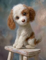 Un cachorro adorable posa sobre un taburete de madera, irradiando ternura y optimismo.
