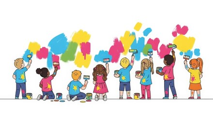 Fototapeta premium Group of Diverse Children Painting a Colorful Abstract Mural on a White Wall