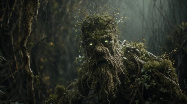 Cinematic shot of Leshy, the Slavic forest spirit, rising from the earth with glowing green eyes in a misty primeval forest.