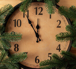 A vintage clock framed with green fir branches shows the time close to midnight, symbolizing the...