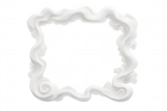 Creamy white whipped cream swirling in elegant square border, creating delicate decorative accent against transparent backdrop