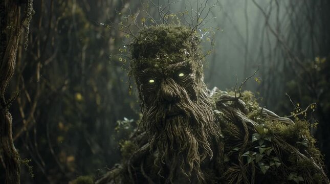 Cinematic shot of Leshy, the Slavic forest spirit, rising from the earth with glowing green eyes in a misty primeval forest.
