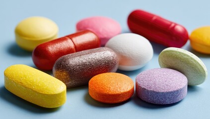 Close-up of various colorful pills and capsules