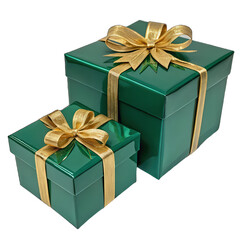 Obraz premium Festive emerald green gift boxes with golden ribbon bows, holiday presents on white background, elegant gift wrapping, luxurious gift presentation, decorative box design, celebration theme