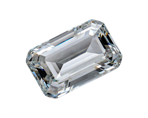 Detailed view of an emerald cut diamond with sharp facets and light play gemstone isolated on a transparent background
