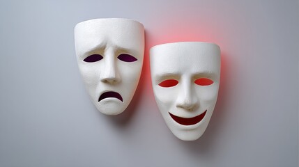Two theatrical masks representing emotions, one displaying happiness and the other sadness, set against a soft gradient background, symbolizing the duality of human experience and expression in art