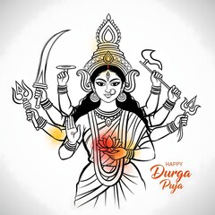 Fototapeta premium Artistic sketch of goddess durga holding weapons and a lotus flower with festive greetings