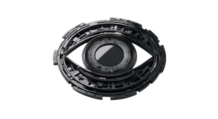 Futuristic eye symbol in a metallic ring