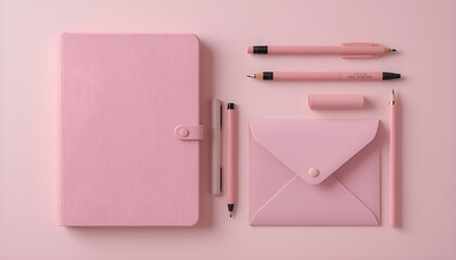 Flat lay of pink notebook, pens, and envelope on a pink background for office concept