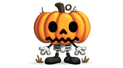 Whimsical pumpkin character with skeleton features, showcasing a playful design, standing amidst grass, embodying a festive Halloween spirit, perfect for seasonal decorations and themed illustrations