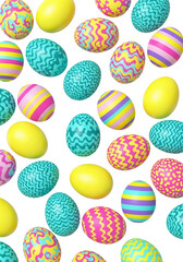 Fototapeta premium Brightly Colored Patterned Easter Eggs Floating in Seamless Vertical Pattern on White Background