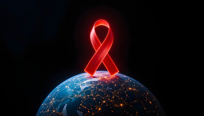 Bright red awareness ribbon emerging from Earth, symbolic digital artwork for global healthcare and compassion.
