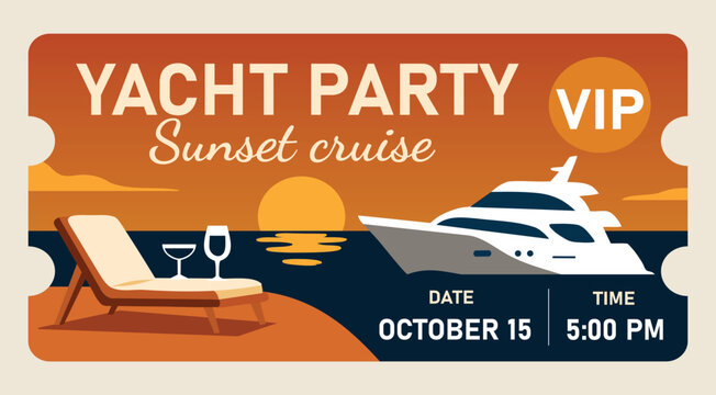 Vector VIP ticket for evening yacht party, sunset cruise. Stylish design with glasses, chaise longue, yacht and sun. Ideal for templates, posters, invitations and advertising