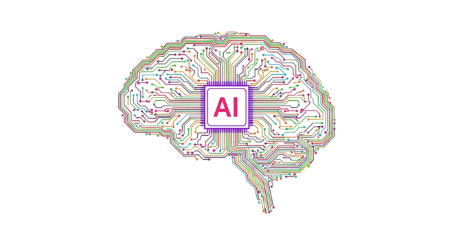 Abstract technology brain circuit vector graphic with central AI microprocessor chip