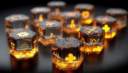 Hexagonal glass cubes, glowing amber light,  medical/science icons, wet surfaces