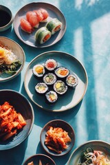 Assorted sushi and Korean side dishes on multiple plates