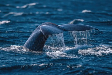 Obraz premium Whale tail emerging from deep blue ocean