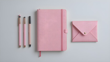 Flat lay of pink stationary set including notebook, pens, and envelope on a light background