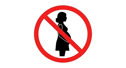 Red circle prohibiting pregnant woman, symbolic of restrictions on pregnancy.
