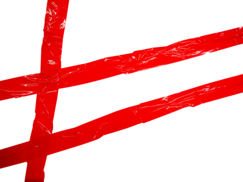 Blank three wrinkled red tape in a cross, meaning warning barrier, caution tape, hazard, crime scene, danger, police line, design for decoration on transparent background