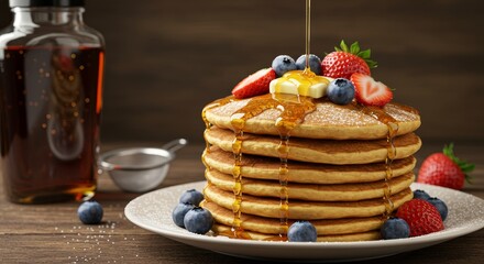 Delicious Stack of Pancakes Topped with Berries, Butter, and Syrup