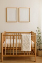 Natural Wood Baby Crib in a Minimalist Nursery with Blank Picture Frames