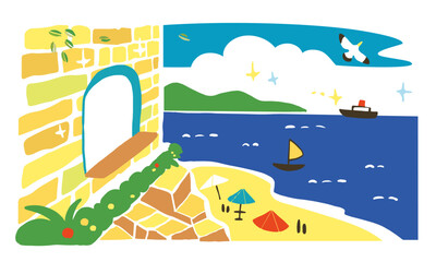 海沿いの街並みのイラストレーション。建物と海と空を含んだシンプルなタッチ。 © Tabata Art Studio