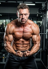 Fototapeta premium Powerful Bodybuilder Flexing Massive Muscles During Intense Gym Training Session