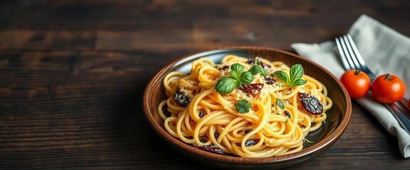 A generous portion of pasta rests on a dark wooden table, tasty, oregano