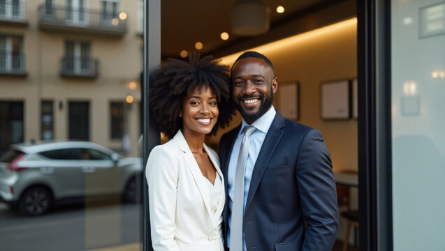 Successful African American Business Partners Celebrating Outside Modern Urban Office Building
