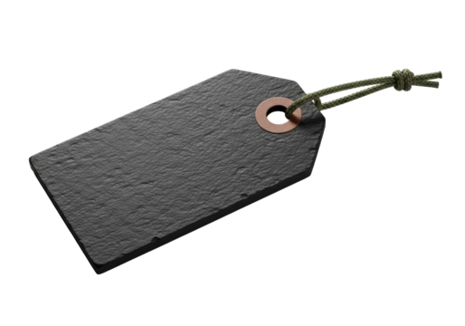 A heavy, textured black cardstock tag with a dull olive green nylon cord and sharp, dramatic shadow on a transparent background with copy space, industrial functionality concept