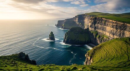 Picturesque cliffs of moher in ireland a stunning coastal landscape with rugged cliffs and the vast atlantic ocean, a popular tourist destination