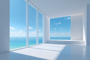Fototapeta premium An open space with large windows offers a breathtaking view of the ocean and a beautiful sky. The architecture is modern and bright, and the space is bathed in sunlight