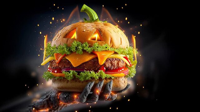 Fiery Hand of monster holds Burning Halloween Pumpkin Burger on dark background