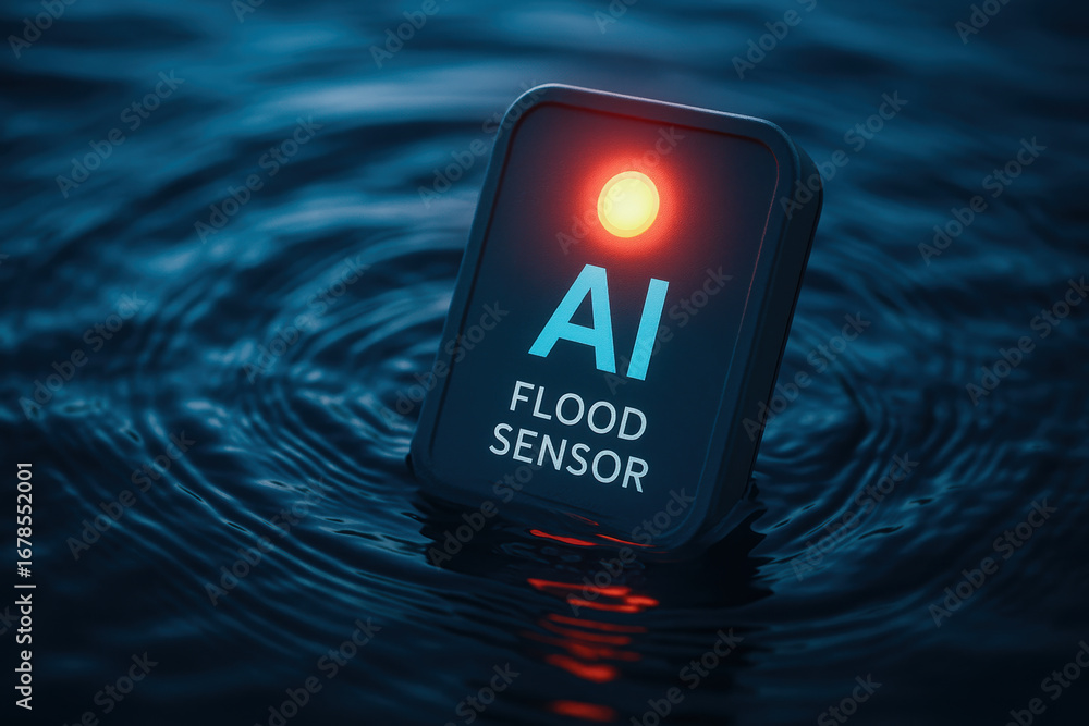 Poster ai flood sensor with glowing red light floating on water surface for social impact and safety in flo