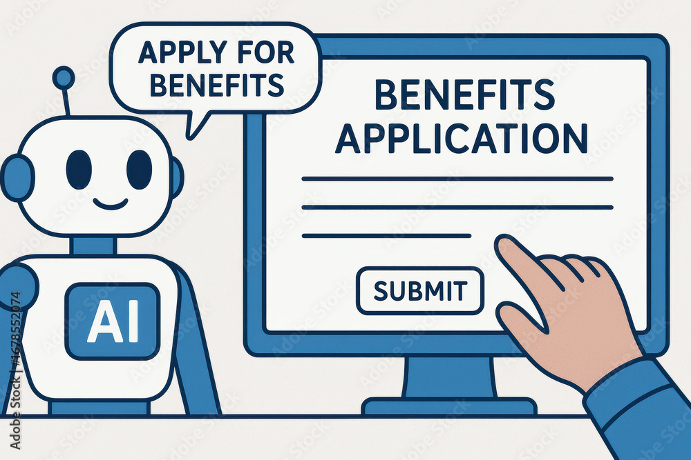 Poster ai robot for social impact helps apply for benefits with hand clicking submit on benefits applicatio