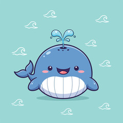 Cute cartoon whale smiling and spouting water in the ocean with gentle waves, creating a cheerful and playful scene.
