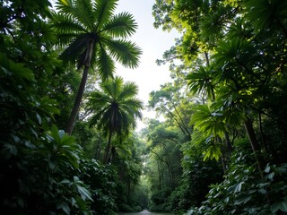 Jungle Canopy Seen from Below, forest with palm trees
