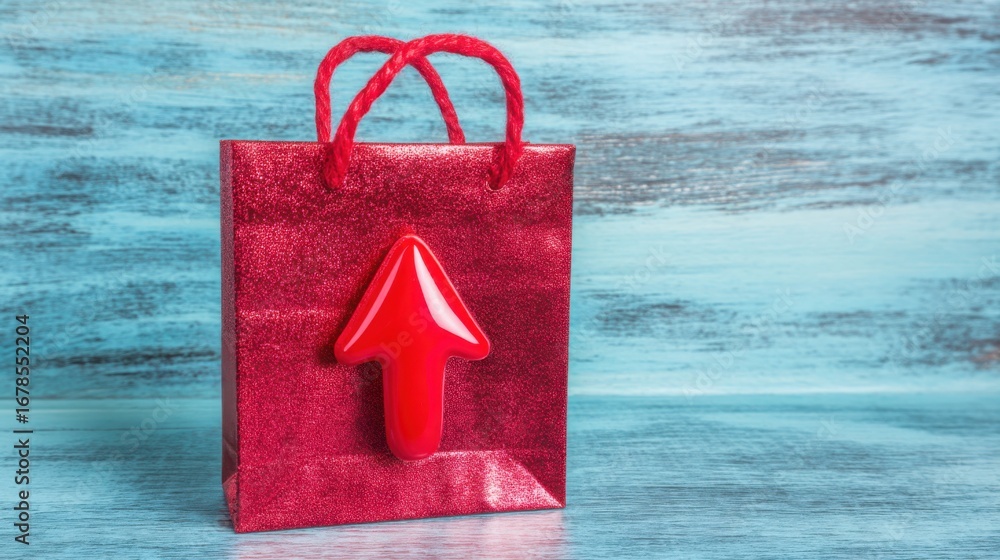 Poster bright red shopping bag featuring a red arrow on it representing the concept of add-to-cart action i