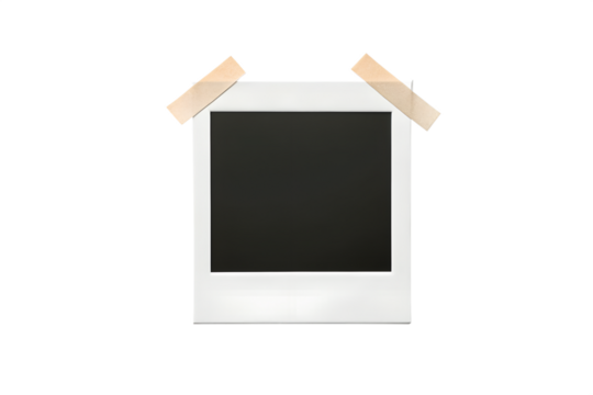 Empty Polaroid frame with tape on edges, centered, isolated on white background, photorealistic.
