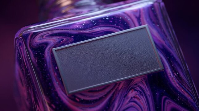 Close-up of a uniquely shaped potion bottle with glowing, swirling purple liquid, blank label for branding.
